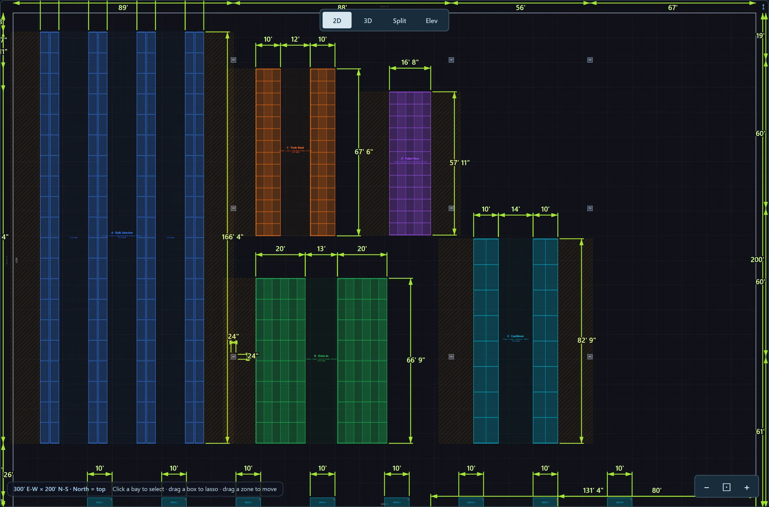 Actual FloorCast3D dimensioned plan of the five-zone sample, showing rack zones, aisles, and building obstacles