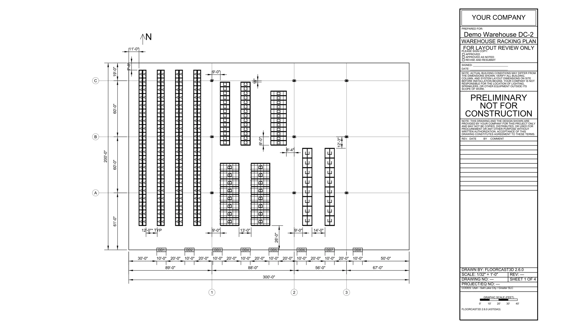 Actual five-zone FloorCast3D sample plan sheet with dimensions, title block, and schedule